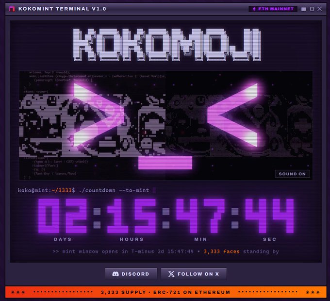 A retro-styled terminal interface titled "KOKOMINT TERMINAL V.1.0" promotes the KOKOMOJI NFT collection on the ETH Mainnet, displaying pixelated anime-style faces flanking glowing pink arrows pointing toward a mint button. A large countdown timer in magenta digital font shows "02:15:47:44" days, hours, minutes, and seconds remaining, with text below reading "mint window opens in T-minus 2d 15:47:44 • 3,333 faces standing by," aligning with the post's mention of T-minus 2 days and 15 hours. The bottom banner indicates a "3,333 SUPPLY • ERC-721 ON ETHEREUM," while buttons invite users to join Discord and follow on X, complementing the post's announcements of a Tuesday Discord OG giveaway and a Wednesday public raffle priced at 0.033 ETH.