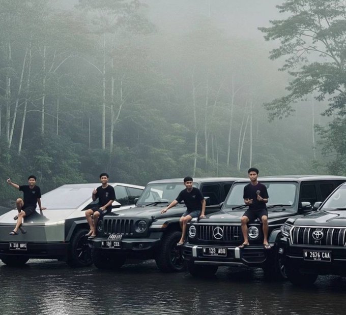 Four men pose atop four luxury SUVs—a Tesla Cybertruck, a black Jeep Wrangler, a Mercedes-Benz G-Wagon (license "W 123 ABB"), and a Toyota Land Cruiser (license "W 2676 CAA")—in a misty forest setting, suggesting an adventurous, high-status "squad flex" moment following the @PurranaPurr launch referenced in the caption.