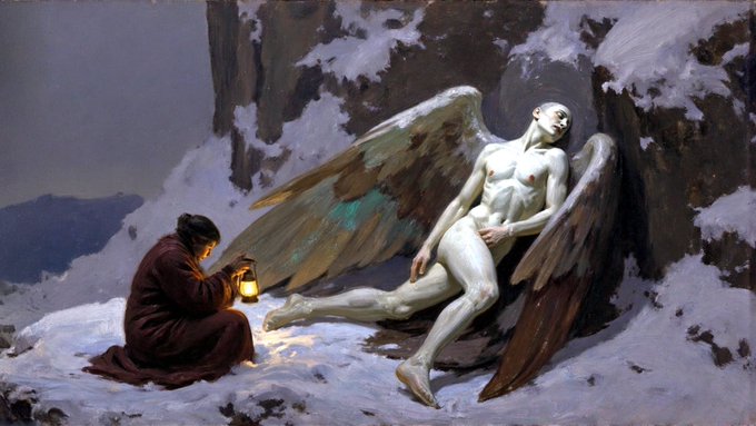The user wants a concise caption for the image.
I need to identify the key elements:
- A figure with large wings (an angel or fallen angel) lying in the snow.
- A person kneeling beside them, holding a lantern.
- The setting is a snowy, rocky landscape at dusk or night.
- The style is painterly, realistic.

The prompt asks for a "concise 1-2 sentence caption describing what is in this image." It also mentions including "any key text, numbers, tickers or names visible." Looking at the image, there is no text visible. The text provided in the prompt ("Hey Besties...") is part of the user's context/note, not visible in the image itself. So I should ignore that text for the caption itself, but acknowledge the relationship if necessary (though the prompt just asks for a caption describing what is *in* the image). Wait, the prompt says "Include any key text... visible." Since