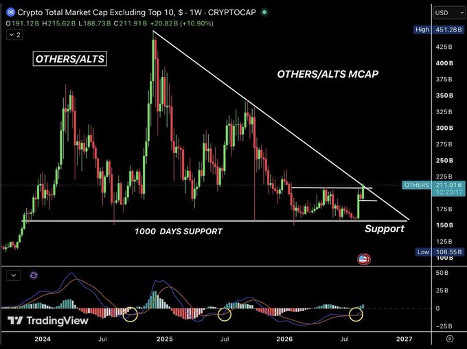 A TradingView weekly candlestick chart of "Crypto Total Market Cap Excluding Top 10" (CRYPTOCAP) showing OTHERS/ALTS MCAP with a descending triangle and marked "1000 DAYS SUPPORT" near the 150B level, with a MACD indicator below.