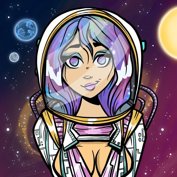A stylized digital illustration of a female astronaut with vibrant purple and blue hair visible through her space helmet's visor, set against a cosmic background featuring Earth, a moon, and a sun. The image aligns with the "MetaVixensNFT" theme, depicting a futuristic, space-faring female character characteristic of the NFT collection's aesthetic.