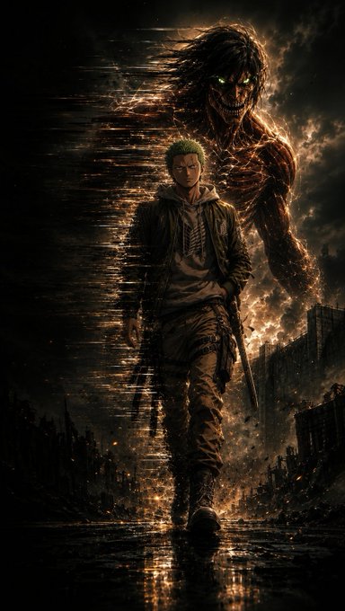 A dark, atmospheric illustration of a green-haired character walking through a fiery, destroyed cityscape with a large, menacing titan-like figure looming behind them.