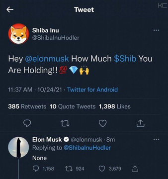 A Twitter screenshot shows a tweet from 'Shiba Inu' (@ShibainuHodler) asking '@elonmusk How Much $Shib You Are Holding!', to which Elon Musk replied 'None'.