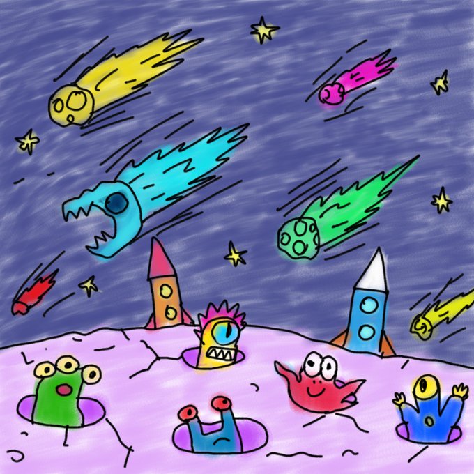 A vibrant, hand-drawn illustration depicting a chaotic space scene where colorful comets and asteroids streak across a starry purple sky, threatening a pink planet inhabited by various cartoon monsters and two rockets. The whimsical artwork captures a sense of imaginative fun and creativity, likely submitted by an artist as part of a larger gallery project still being compiled.
