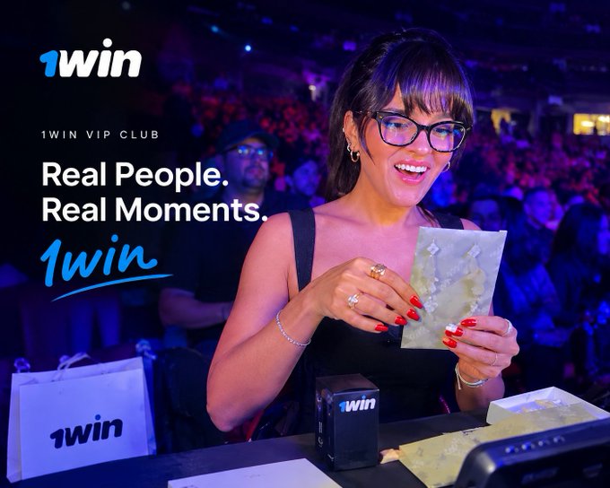 An advertisement for "1win VIP CLUB" with the tagline "Real People. Real Moments." showing a smiling woman with glasses and red nails at what appears to be an event.