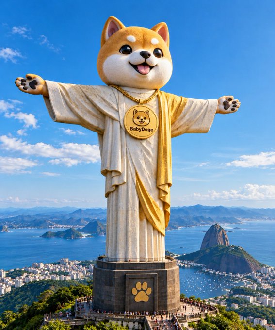 A digitally edited image depicting the Christ the Redeemer statue in Rio de Janeiro with a Shiba Inu dog's head, wearing a large gold 'BabyDoge' medallion, overlooking the city and Sugarloaf Mountain.