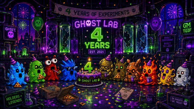 A pixel-art celebration banner declaring "4 YEARS OF EXPERIMENTS - GHOST LAB EST. 2021" is displayed above a lineup of colorful monster characters and a birthday cake reading "4 - GHOST LAB," marking the project's fourth anniversary and showing appreciation to its community as referenced in the accompanying message.