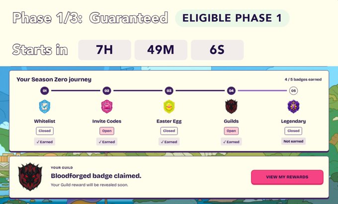 The image shows an "Everdraw_RPG" Season Zero airdrop dashboard with "Phase 1/3: Guaranteed" status, a countdown of 7H 49M 6S until it starts, and the user marked as "Eligible Phase 1." The progression tracker shows 4/5 badges earned (Whitelist, Invite Codes, Easter Egg, and Guilds completed), with a notification confirming the "Bloodforged badge claimed" from their Guild reward.