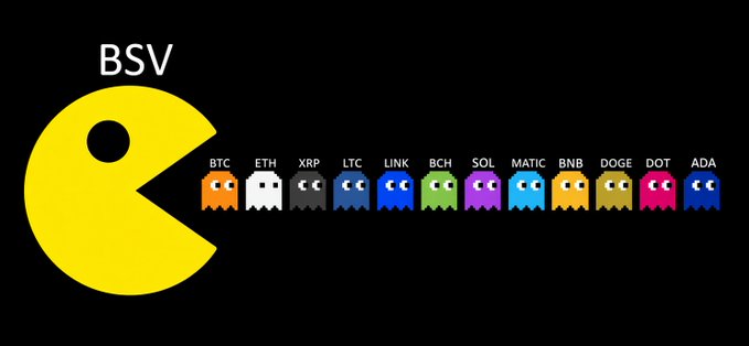 A Pac-Man-style graphic shows a large yellow BSV character chasing smaller ghosts labeled BTC, ETH, XRP, LTC, LINK, BCH, SOL, MATIC, BNB, DOGE, DOT, and ADA on a black background.