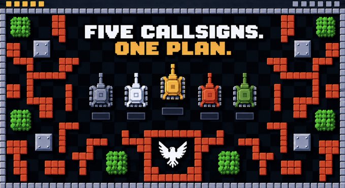 A pixel art game scene featuring five colored tanks (gray, white, gold, red, green) under the text 'FIVE CALLSIGNS, ONE PLAN.' with a bird emblem below.