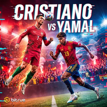A dramatic promotional graphic features Cristiano Ronaldo in Portugal's #7 jersey and Lamine Yamal in Spain's #19 jersey facing off in a fiery stadium showdown, with bold text reading "CRISTIANO VS YAMAL" and the Bitrue logo displayed, tying into the post's call to predict the outcome of Portugal vs. Spain for a share of 100,000 USDT.