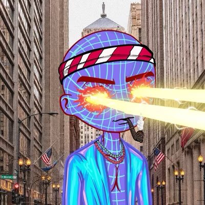 A digital illustration depicts a stylized, web-wrapped humanoid figure wearing a red-and-white striped headband and a cigar, projecting laser beams from its glowing eyes against an urban street backdrop. The post references "Degood" and "~~GOO~~," suggesting this NFT artwork is part of a creative collection meant to be both unique and collectible.