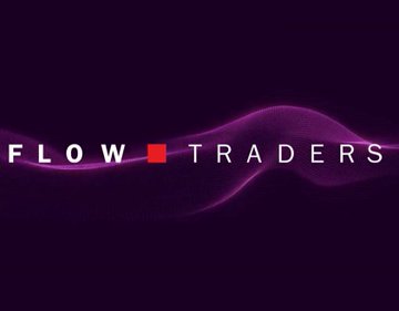 A dark logo image with the text "FLOW TRADERS" displayed in white over a purple/black background with a flowing light streak design.