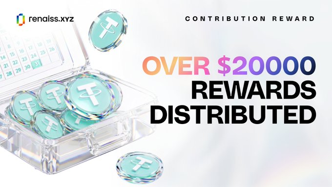 The image presents a collection of $20,000 in community contributions distributed by someone named Renaiss XZyz. These donations are earmarked for supporting various initiatives, such as maintaining and improving the platform itself or contributing toward a cause related to Bitcoin or cryptocurrency values.