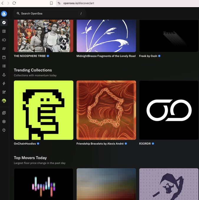 The image shows the OpenSea Discover Art page featuring "OnChainHoodies" as a Trending Collection, displaying the iconic pixelated green hooded character logo. This directly supports the announcement that the hoodie collection has achieved trending status on OpenSea.