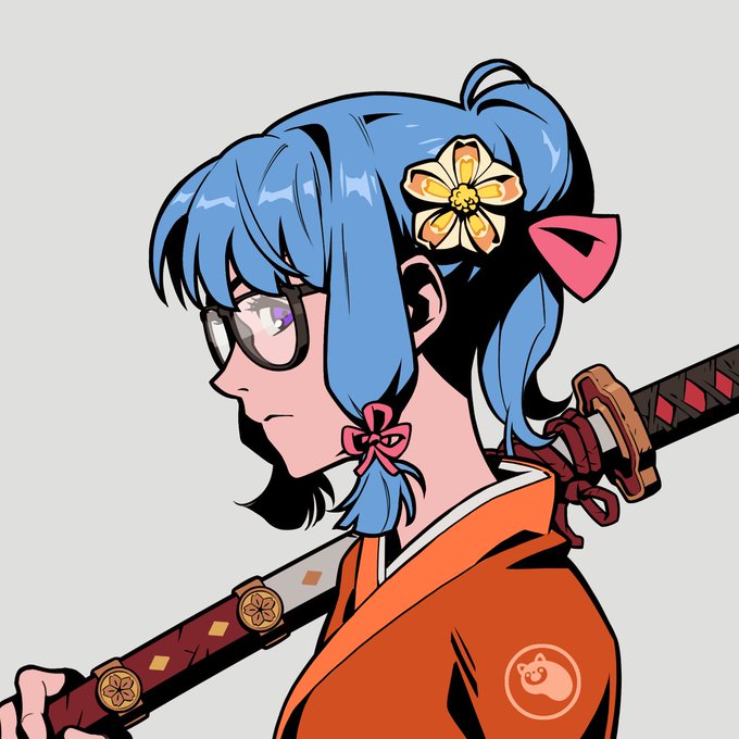 An anime-style illustration of a blue-haired character wearing glasses and an orange kimono, carrying a sheathed sword with floral accents and sporting a hair flower and pink bow.