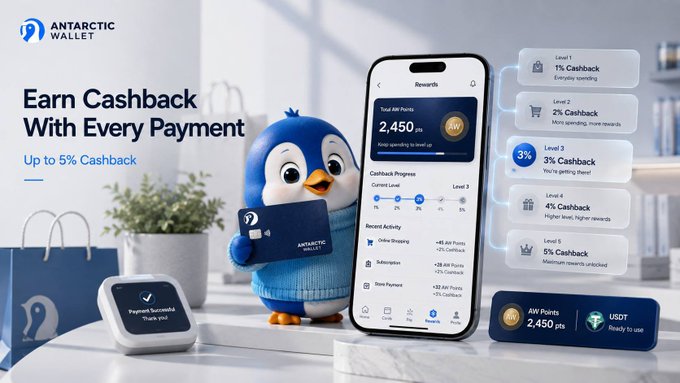A promotional banner for 'Antarctic Wallet' advertising 'Earn Cashback With Every Payment' up to 5%, featuring a cartoon penguin mascot holding a card next to a smartphone displaying rewards tiers (Levels 1-5) with 2,450 AW Points.