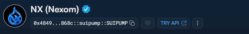 A screenshot of a cryptocurrency token called "NX (Nexom)" with a verified badge, showing the contract address starting with 0x4849...868c on the Sui network via SuiPump.