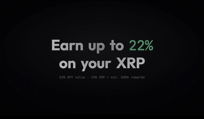 A promotional advertisement with white and green text on a black background reading 'Earn up to 22% on your XRP,' with smaller text noting '22% APY value · 15% XRP + est. XORA rewards'.