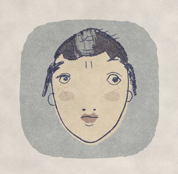 A simple illustration of a person's face with short hair on a pale background.
