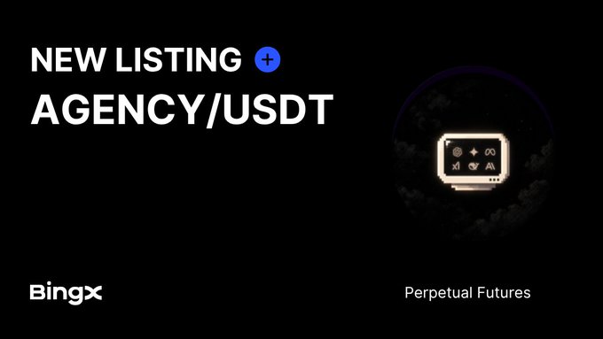 A BingX announcement graphic for a 'NEW LISTING' of AGENCY/USDT as a Perpetual Futures contract, featuring a stylized monitor icon with cryptocurrency symbols.