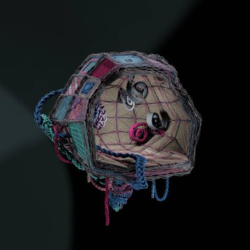 A 3D rendered or textured artistic image of a stitched, fabric-like sculptural object resembling a face or creature with eyes and colorful thread details on a dark background.