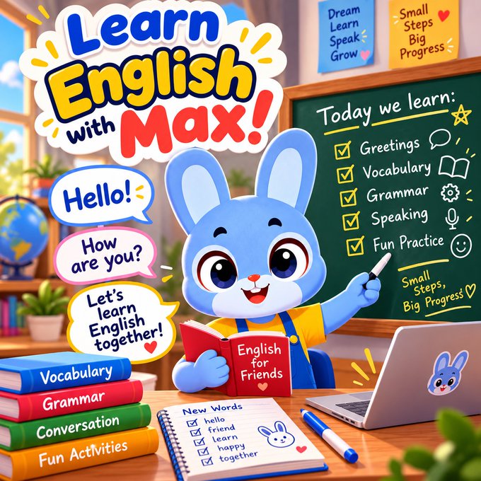 A colorful educational illustration for "Learn English with Max!" features a blue bunny mascot pointing at a chalkboard listing greetings, vocabulary, grammar, speaking, and fun practice, surrounded by speech bubbles and books.