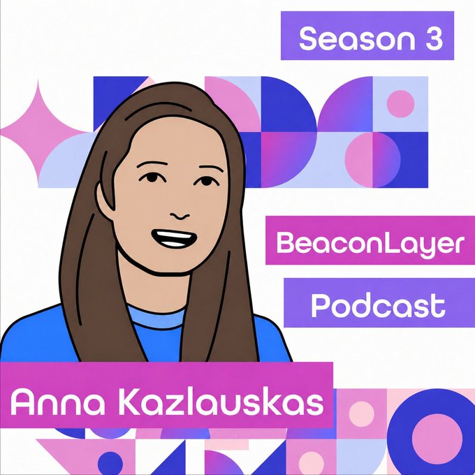 A stylized illustrated portrait of Anna Kazlauskas is featured as the podcast cover for Season 3 of the BeaconLayer Podcast, promoting an episode where she discusses her transition from traditional finance to decentralized AI and her work with Vana. The design uses a colorful geometric background in shades of pink, purple, and blue to frame her illustrated likeness alongside the episode title text.