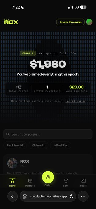The image shows a phone screen with a message about a free 20 dollar burger, which has been claimed by someone named "NOX-GVVES" (no idea who they are). The claimer's name appears at the bottom of the screen, and there is an option to export their wallet for verification. The post also mentions that the leaderboard is available on the railway app, indicating a connection between the free burger offer and the railway app.