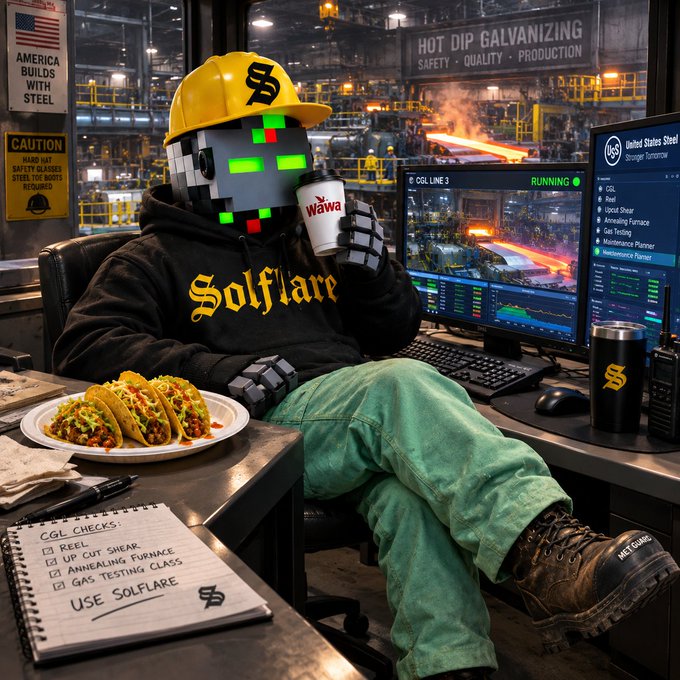 A voxel-masked figure wearing a yellow hard hat, a black 'Solflare' hoodie, and teal pants sits in an industrial steel facility holding a 'Wawa' cup, with a plate of tacos, a 'SOLFLARE' checklist, and monitors displaying 'CGL LINE 3 RUNNING' and 'United States Steel' text nearby.