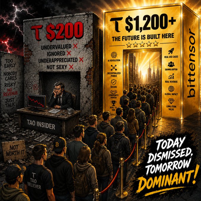 A split-scene illustration contrasting Bittensor ($TAO) at $200, dismissed as "Undervalued, Ignored, Underappreciated, Not Sexy" by a lone insider at a crumbling booth, against its projected $1,200+ future as "The Future Is Built Here," where crowds line up past velvet ropes toward a golden gateway. The image visually reinforces the post's thesis that today's overlooked AI subnets will become tomorrow's dominant infrastructure.