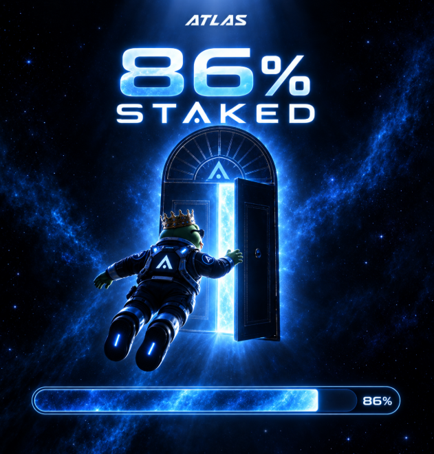 Digital artwork for 'ATLAS' showing an astronaut with a Shrek-like face and a crown floating through a doorway in space, with '86% STAKED' displayed prominently.