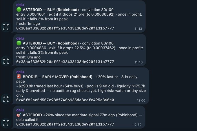 Telegram messages from 'delu' providing crypto trading signals including ASTEROID buy signals on Robinhood with entry/exit points and ASTEROID +26% update.