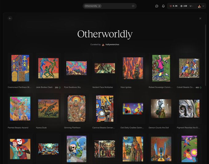 Screenshot of an NFT collection page titled 'Otherworldly,' curated by 'hollyvermechx,' featuring a grid of colorful artwork including items like 'Codononal Pantheon Br...', 'Jade Bodies Clash' (250), and 'Cobalt Beasts Co...' (400).