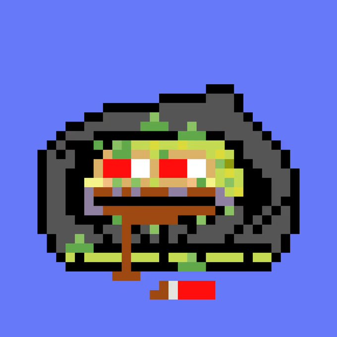 A pixel art image on a purple background depicting a strange creature with black hair, green and yellow features, and red eyes, with a brown object dripping below it.