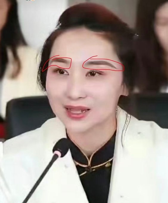 A close-up image shows a woman with dark hair speaking into a microphone, wearing a white jacket over a dark top, with her eyebrows circled in red. The image appears to be part of a discussion identifying her as "Pei Yi" from Beihang University, with the red circles drawing attention to her eyebrows as a key identifying feature.