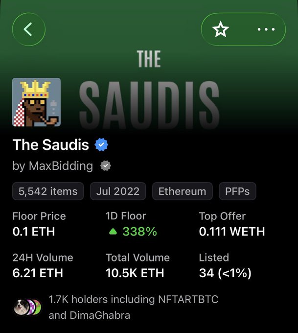 A mobile app screenshot showing the NFT collection "The Saudis" by MaxBidding, with stats including Floor Price 0.1 ETH, 1D Floor +338%, 24H Volume 6.21 ETH, and notable holders NFTARTBTC and DimaGhabra.