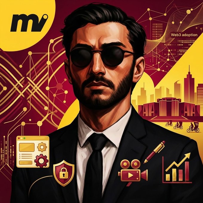 A stylized digital illustration of a man in a black suit and dark sunglasses, surrounded by icons representing technology, security, video, analytics, and Web3 adoption, with an 'mv' logo in the corner.