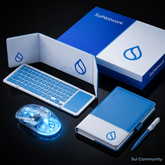 iced coffee cup, blue and white box, keyboard, mouse, and pen are arranged on a black surface with the word "SuiCommunity" displayed below.