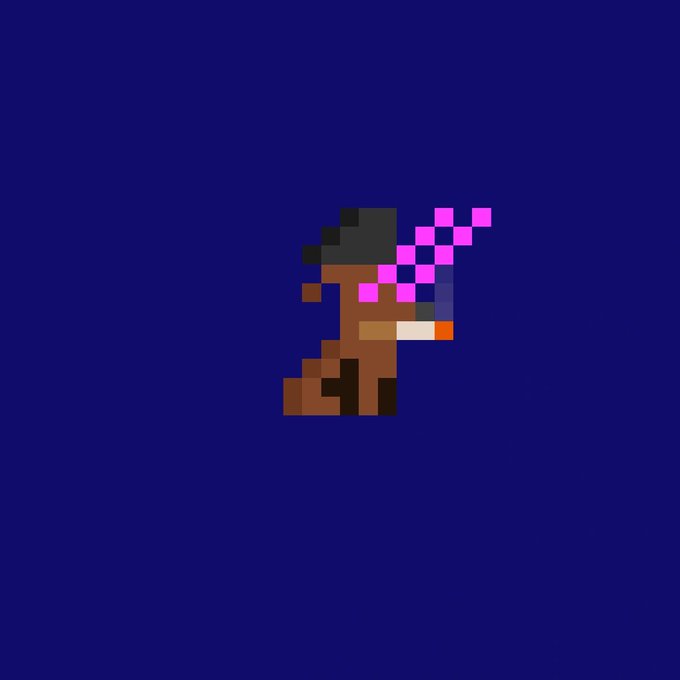 Pixel art depicting a character with dark hair in a praying or bowing pose, wearing a red and white checkered headscarf and a brown outfit, set against a dark blue background.