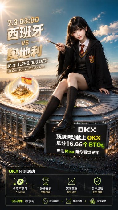 A promotional poster featuring a stylized anime-style witch sitting atop a stadium with the Spanish flag, advertising an OKX prediction event for the Spain vs. Austria match on 7.3 at 03:00 with a 1,250,000 OFC prize pool sponsored by OneFootball Credits.