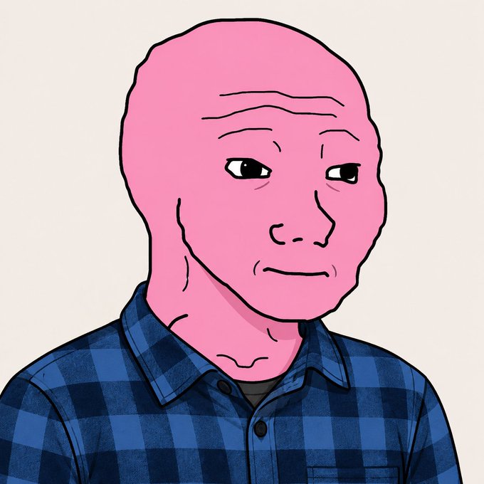 Digital illustration (Wojak-style) of a pink-faced bald man wearing a blue and black plaid flannel shirt.