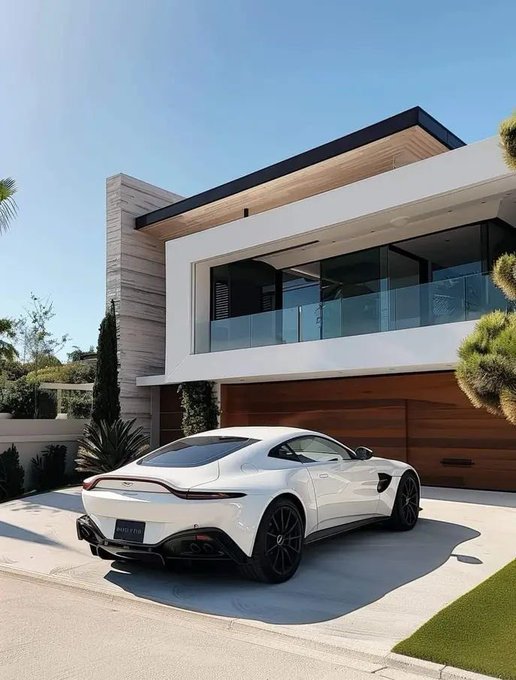 A white Aston Martin sports car is parked in the driveway of a modern luxury home featuring a wood-paneled garage and glass balcony railings.
