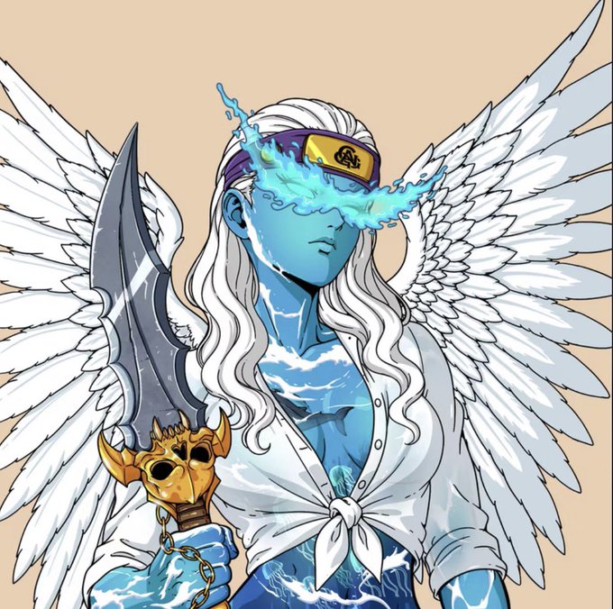 A digital illustration of a blue-skinned, water-textured angelic figure with white feathered wings, wearing a ninja-style headband featuring the Hidden Leaf Village symbol from Naruto, and holding a sword with a golden hilt.