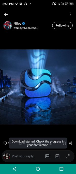 A social media post by Niloy (@Niloy2133936650) shows a blue abstract logo with a 'Download started' notification visible at the bottom.