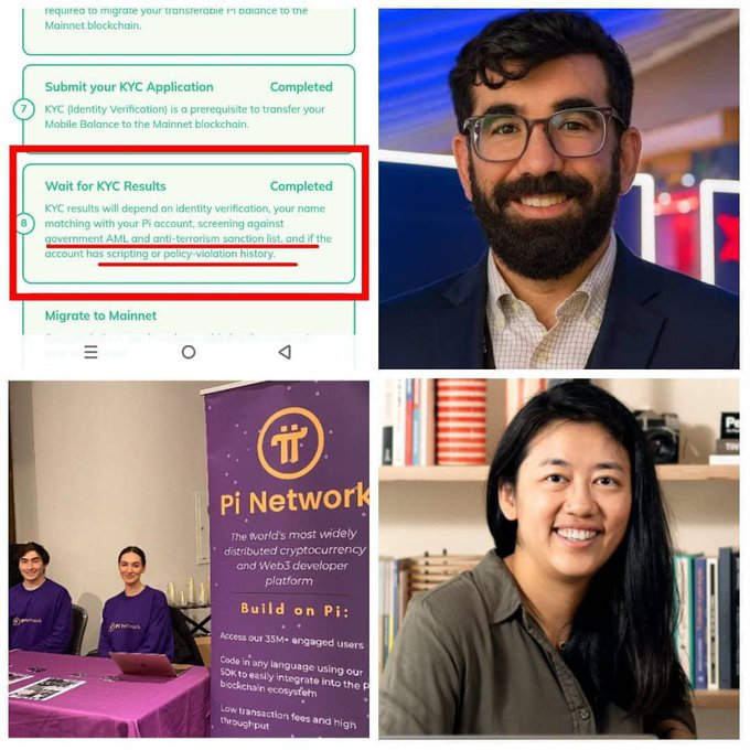 The image shows a collage featuring Pi Network branding, including a screenshot highlighting "Wait for KYC Results" text (which mentions screening against government AML and anti-terrorism sanction lists, and policy-violation history), alongside photos of three Pi Network team members and the "Pi Network - The World's most widely distributed cryptocurrency and Web3 developer platform" banner, visually supporting the post's warning about how policy violations can affect KYC and migration progress for Pi miners.