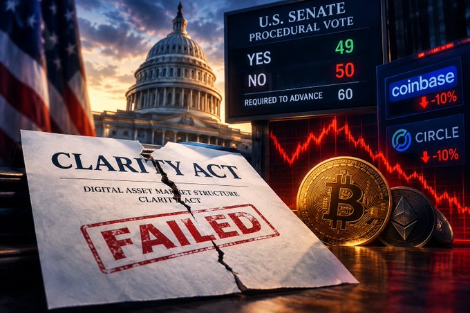 A news graphic showing the 'CLARITY ACT' failed, with a U.S. Capitol background and a screen displaying a U.S. Senate Procedural Vote: YES 49, NO 50, Required 60, alongside declining prices for Coinbase (-10%) and Circle (-10%) with Bitcoin and Ethereum coins.