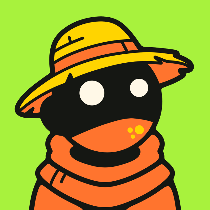 A stylized cartoon illustration of a character with a black face, white glowing eyes, and an orange hooded outfit wearing a yellow straw hat against a bright green background.