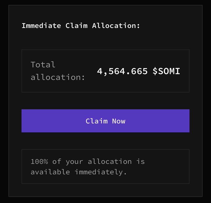 Cryptocurrency claim screen showing an Immediate Claim Allocation of 4,564.665 $OMI tokens, with a purple 'Claim Now' button and a note that 100% of the allocation is available immediately.