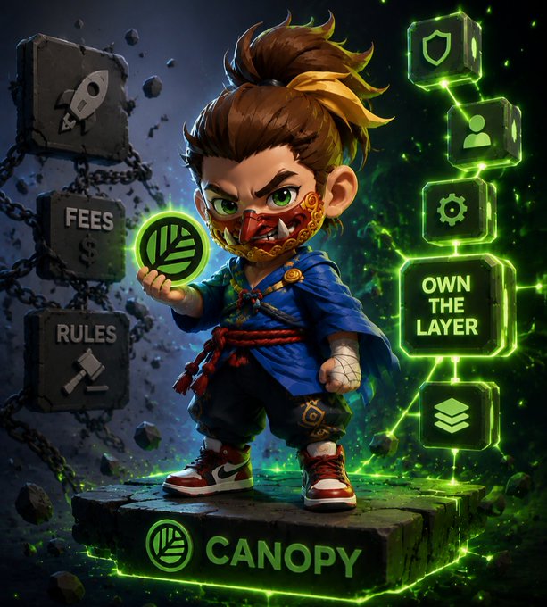Stylized digital artwork of a character holding a green Canopy coin, standing on a platform labeled 'CANOPY', with broken chain icons for 'FEES' and 'RULES' on one side and a glowing blockchain interface showing 'OWN THE LAYER' on the other.